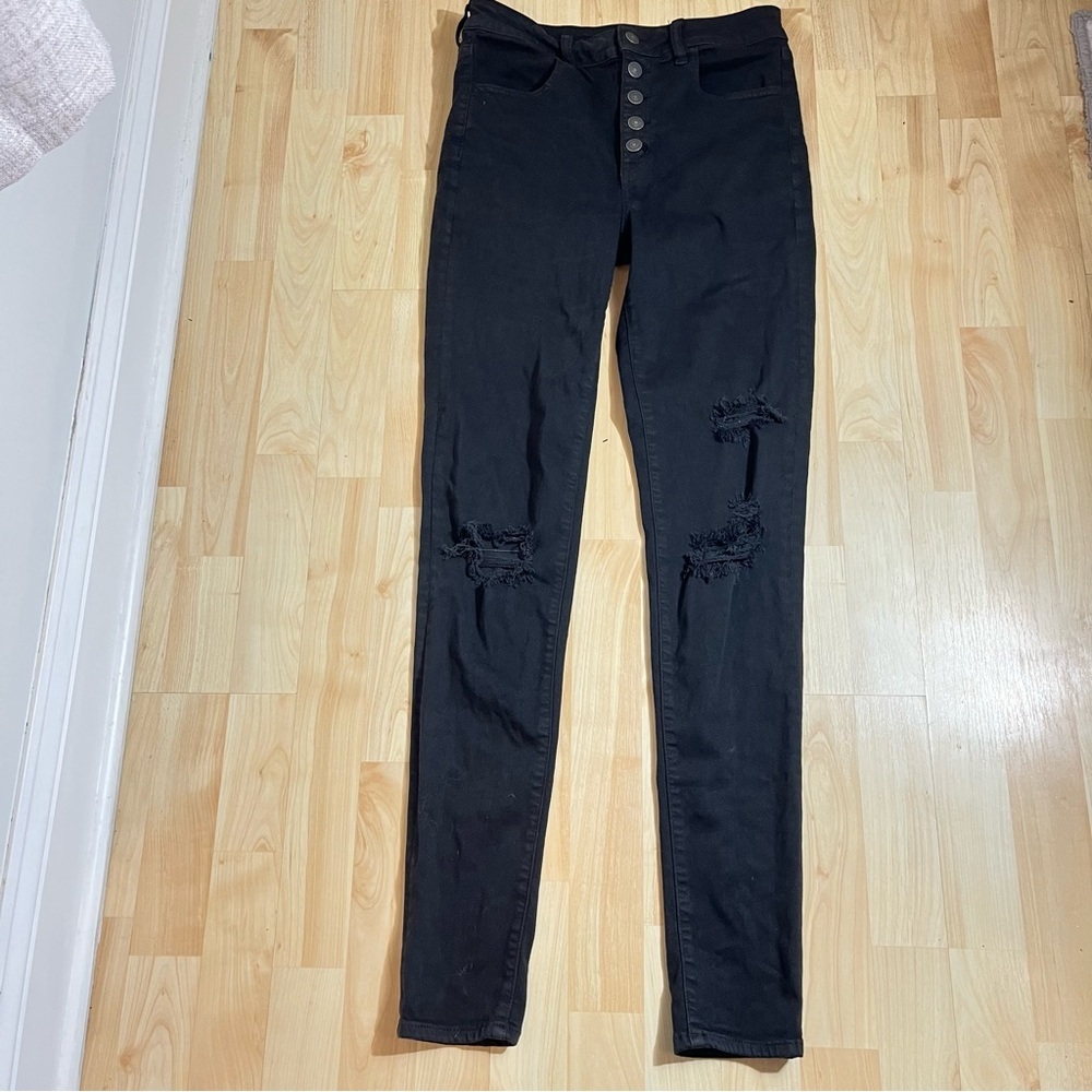 American Eagle Womens Next Level Stretch Button Fly Black Distressed Jeans 8XL